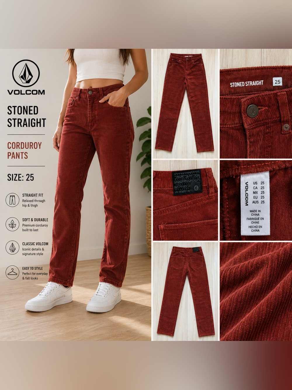 Volcom Stoned Straight Corduroy Pants Rust Red Size 25 Women’s Straight Leg
